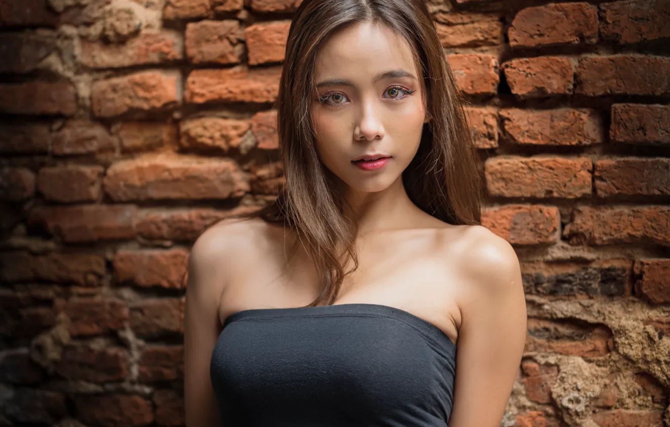 Photo wallpaper look, pose, background, wall, model, portrait, brick, makeup