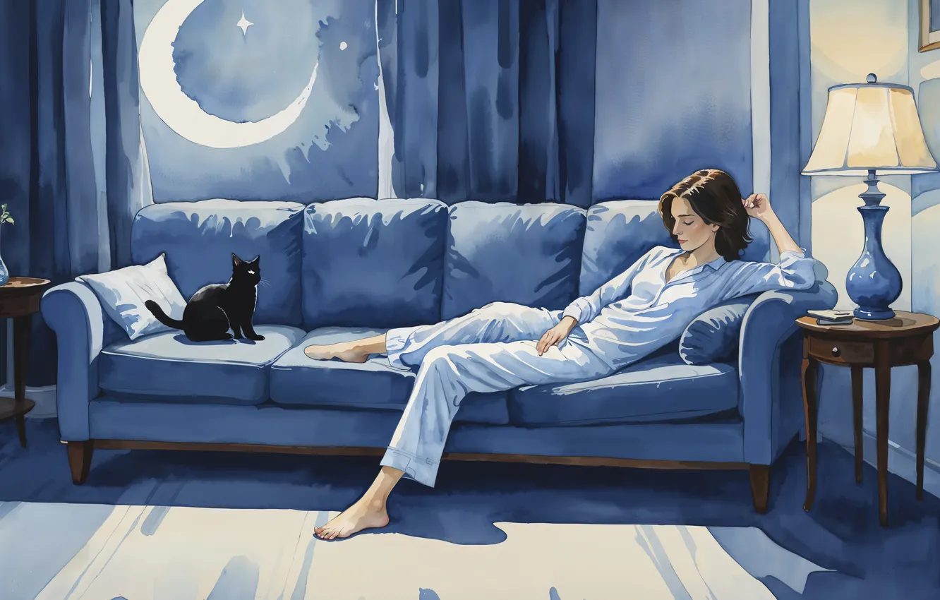 Photo wallpaper cat, girl, night, room, sofa, the moon, art, digital art