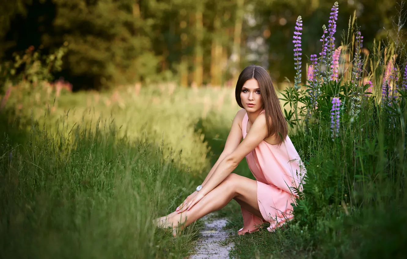 Photo wallpaper girl, flowers, nature, lupins