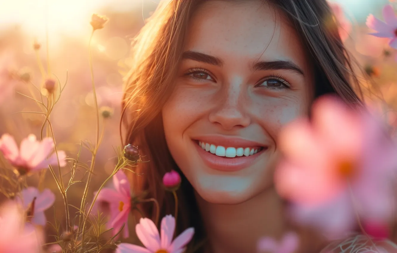 Photo wallpaper field, summer, look, girl, light, flowers, face, smile