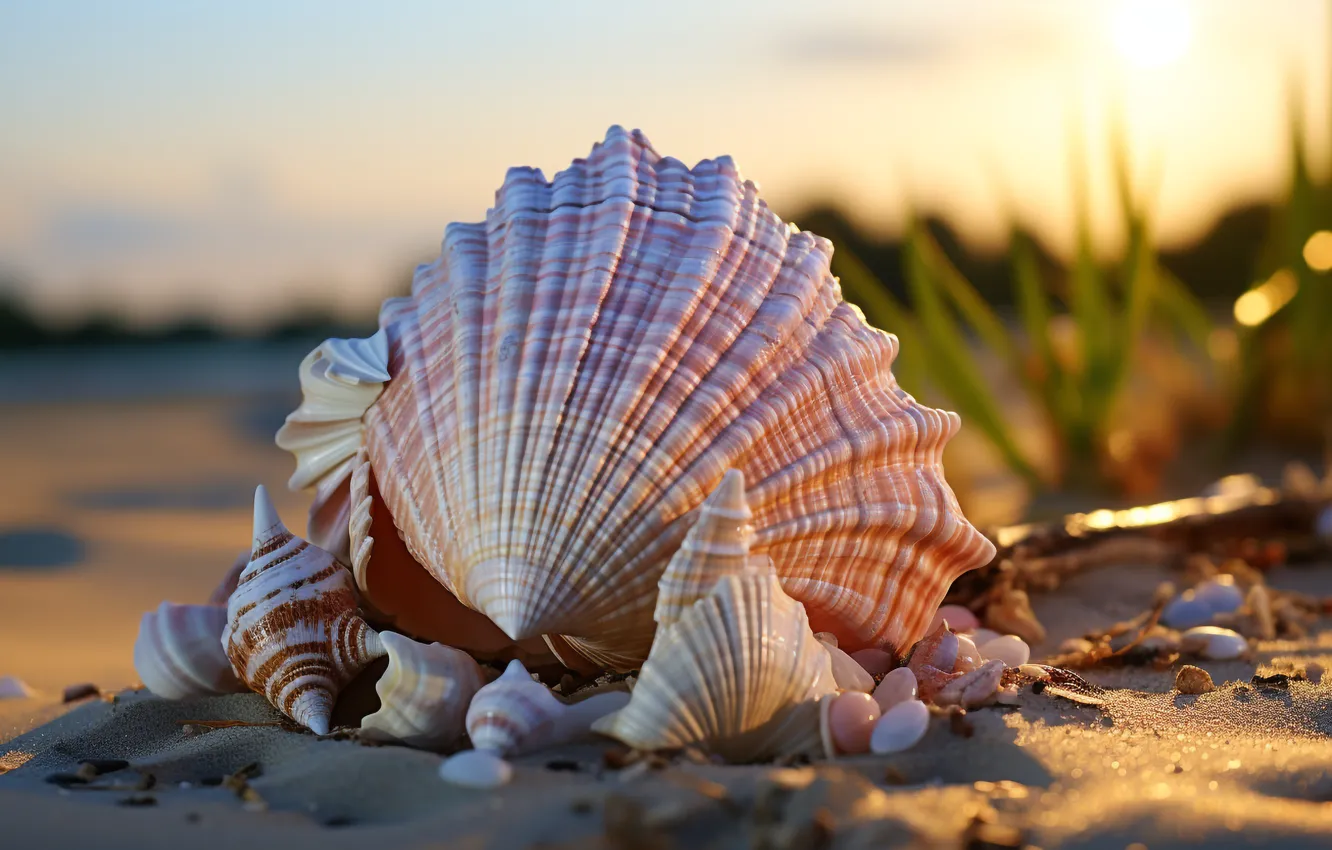 Photo wallpaper sea, beach, shore, shell, starfish, seashells, seashell, AI art