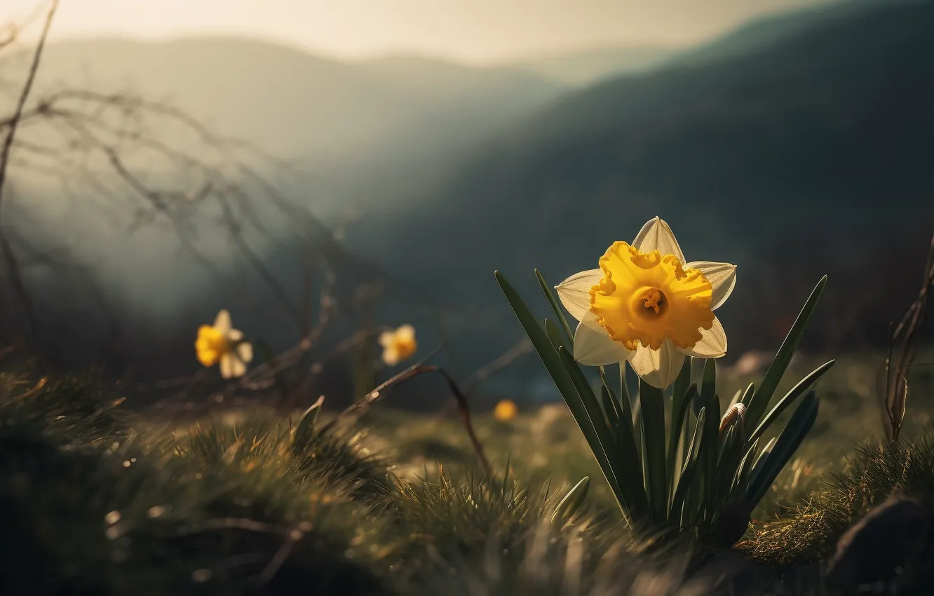 Photo wallpaper flowers, AI art, nature, spring, daffodils, neural network