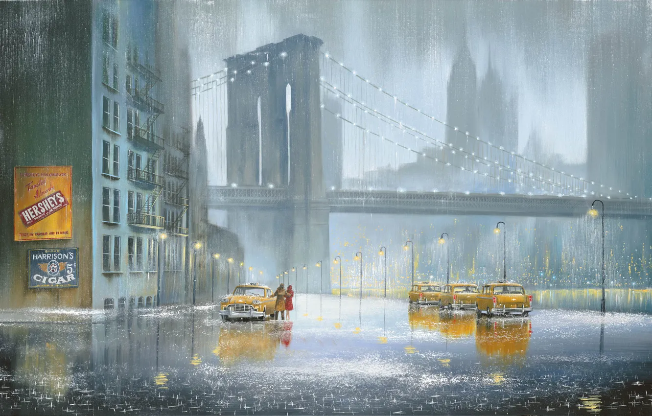 Photo wallpaper the city, rain, picture, taxi, Jeff Rowland
