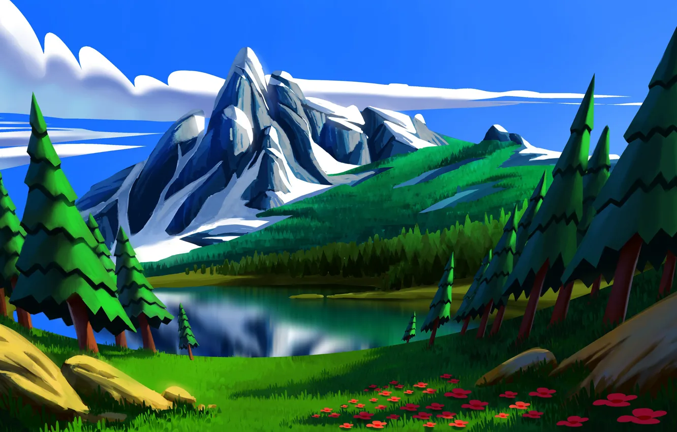 Photo wallpaper sky, trees, nature, flowers, mountains, clouds, lake, rocks