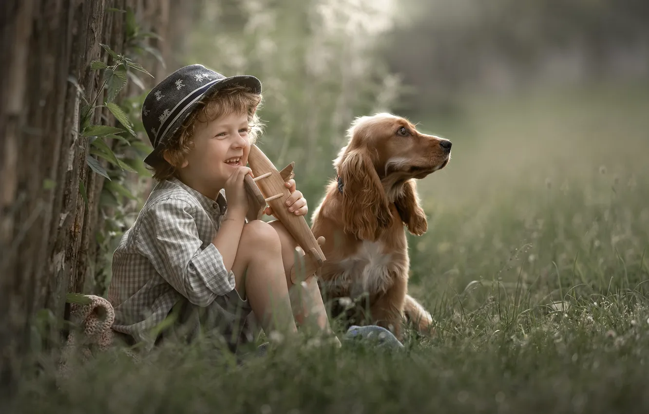 Photo wallpaper grass, toy, dog, boy, hat
