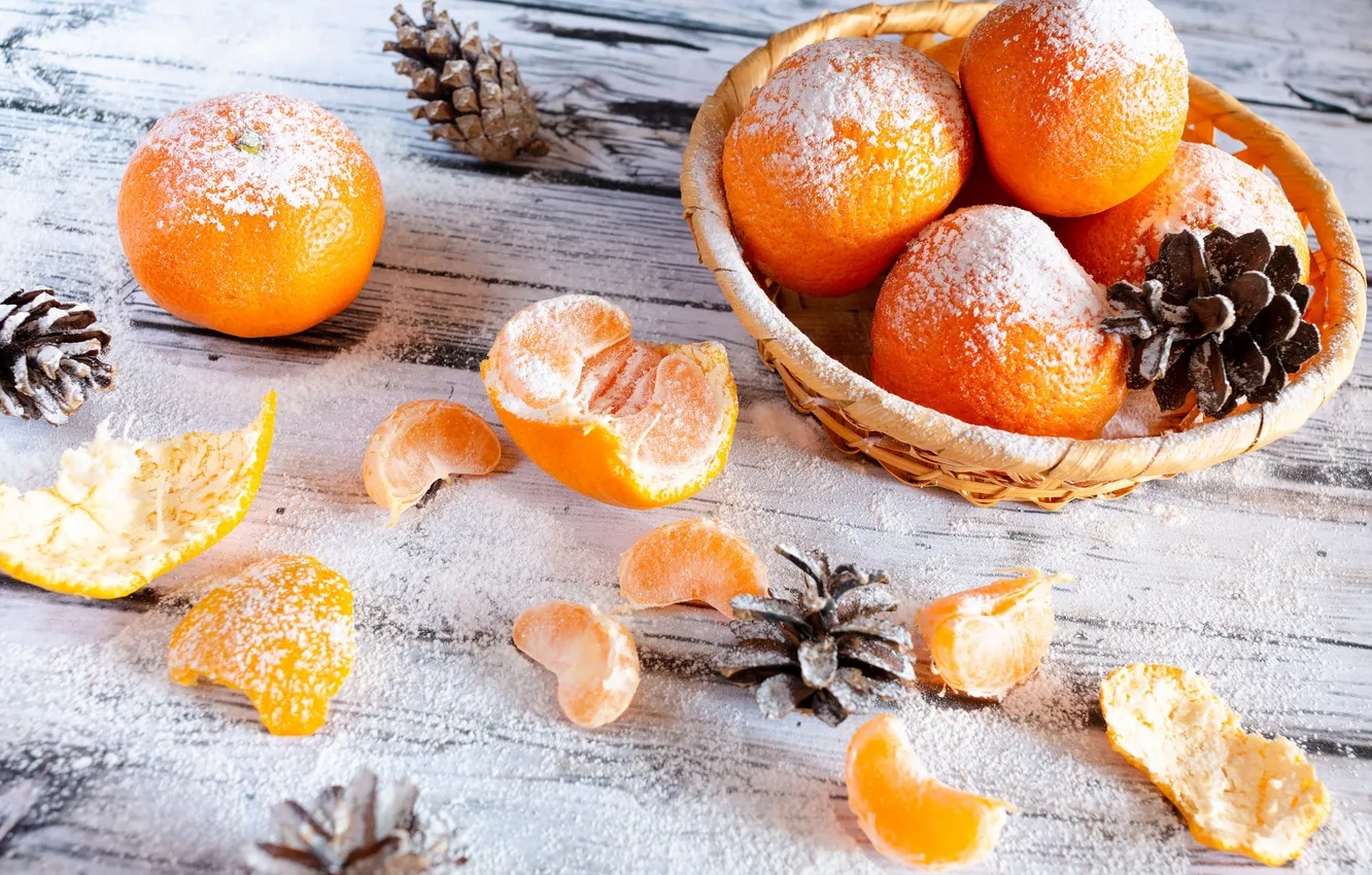 Photo wallpaper new year, Christmas, table, tangerines