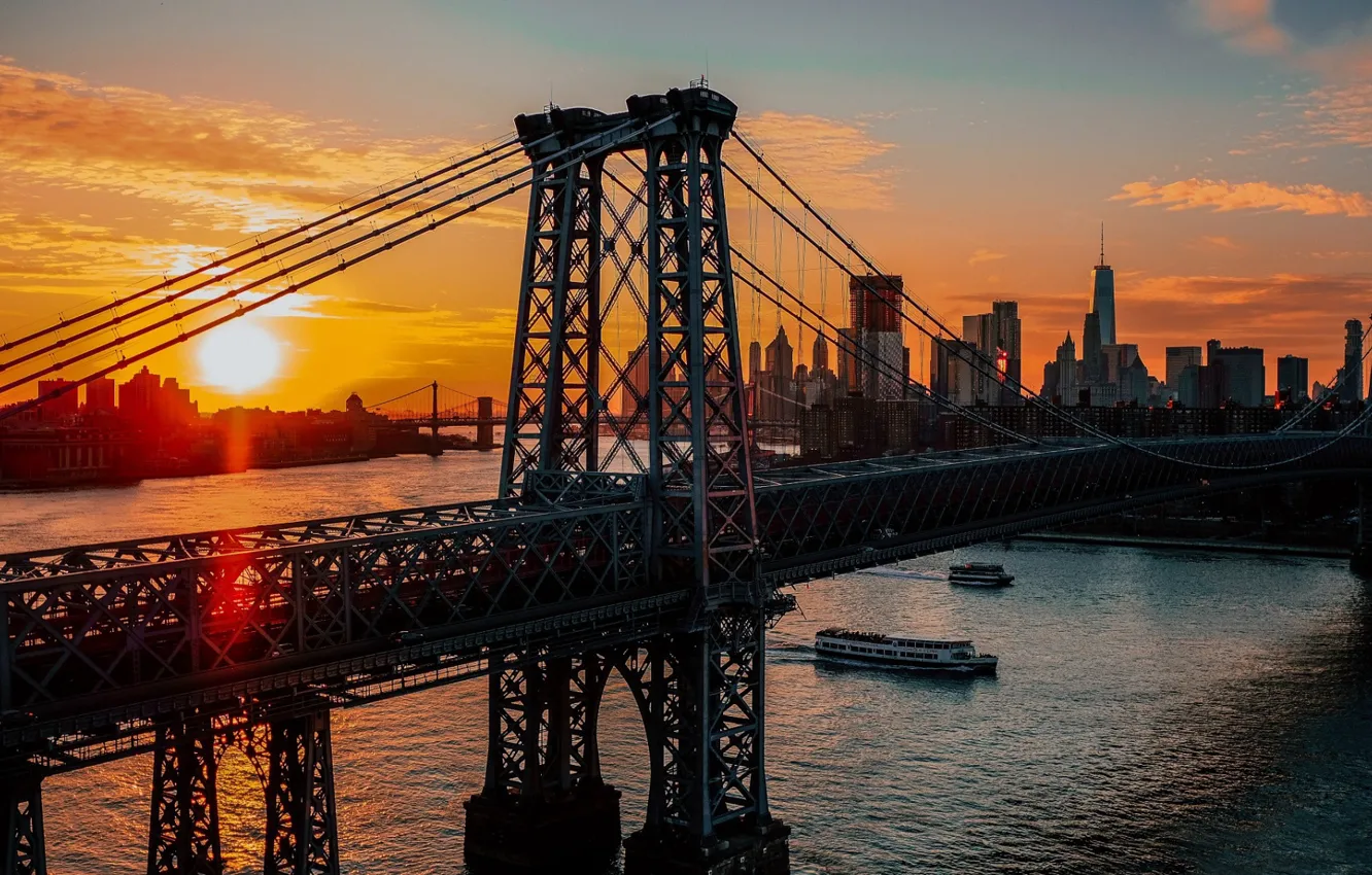 Photo wallpaper city, USA, twilight, river, bridge, sunset, New York, Manhattan