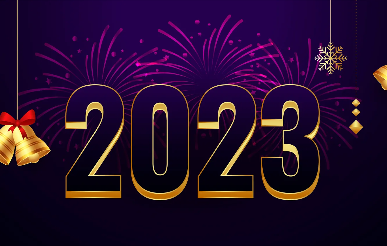 Photo wallpaper snowflakes, new year, contour, salute, figures, banner, fireworks, gold