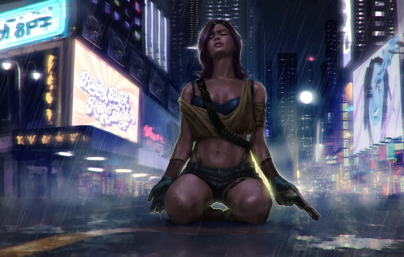 Photo wallpaper girl, city, the city, pose, gun, rain, street, despair