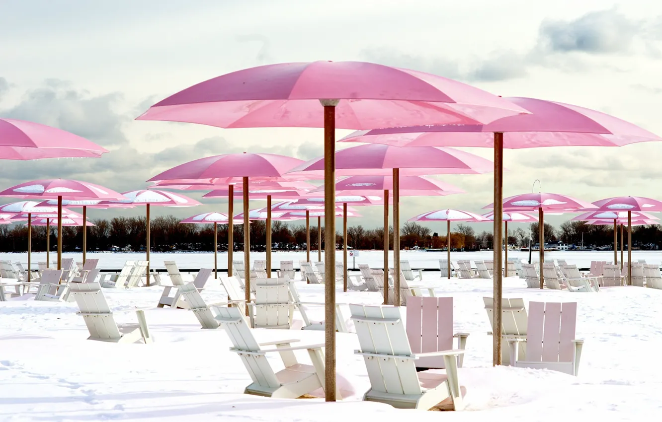 Photo wallpaper winter, beach, snow, umbrella, chair, chaise