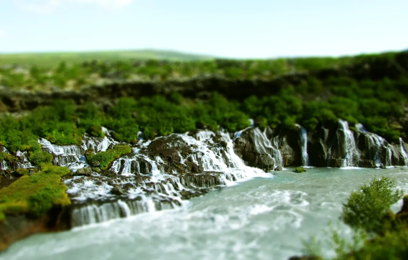 Photo wallpaper nature, river, waterfalls, tilt shift, boulders, tilt shift