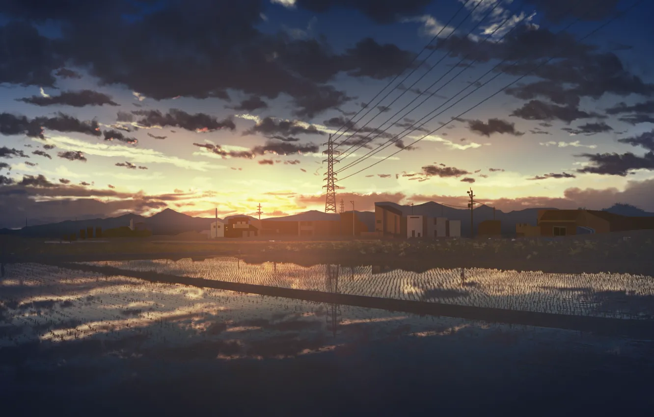 Photo wallpaper water, sunset, home, rice fields