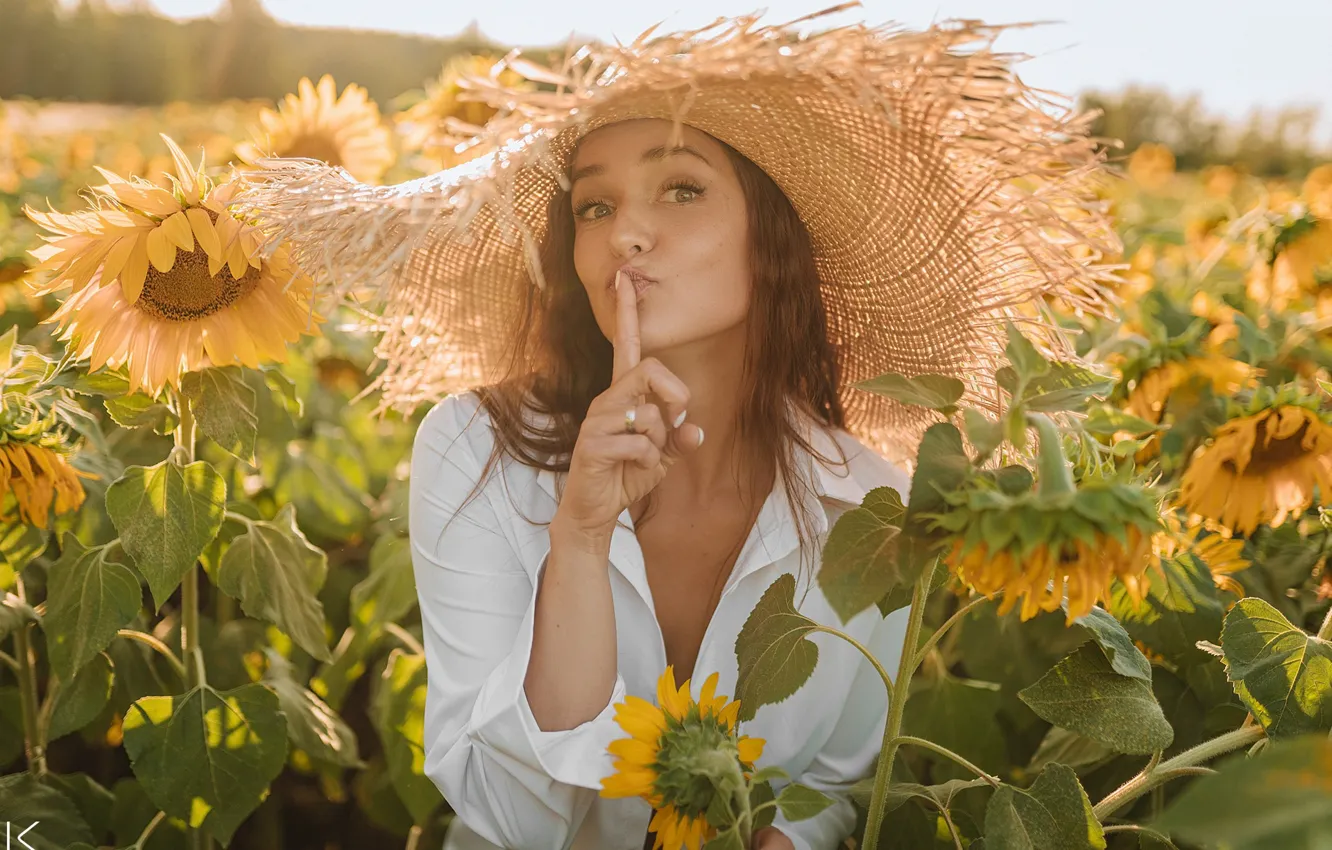 Photo wallpaper field, summer, girl, sunflowers, face, mood, hat, hands
