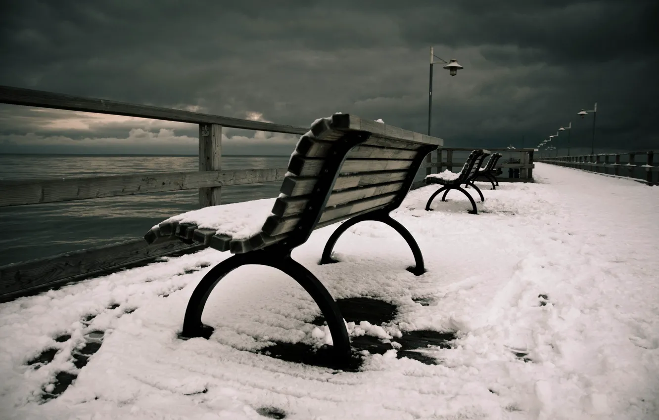 Photo wallpaper sea, snow, landscape, bench