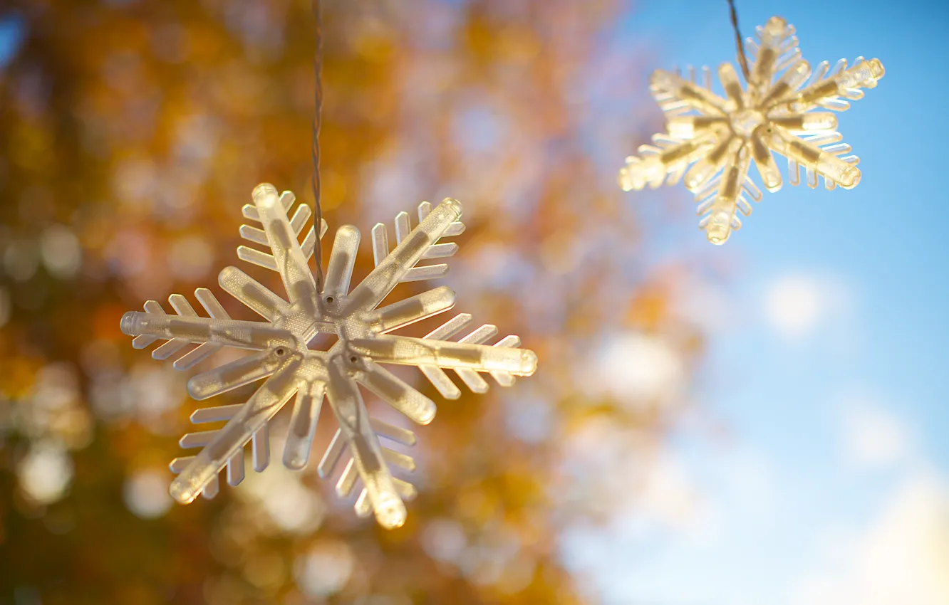 Photo wallpaper snowflakes, two, garland, bokeh