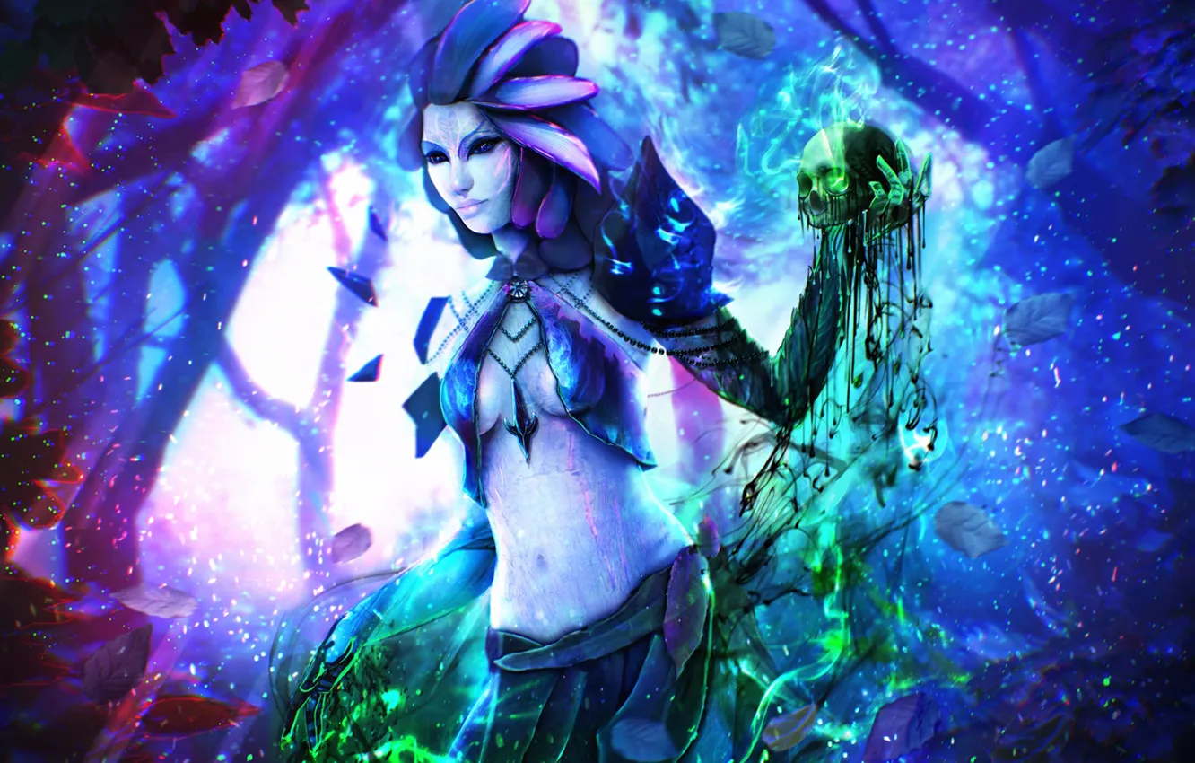 Photo wallpaper forest, girl, skull, MAG, Guild Wars 2, art, necromancer, Sylvari