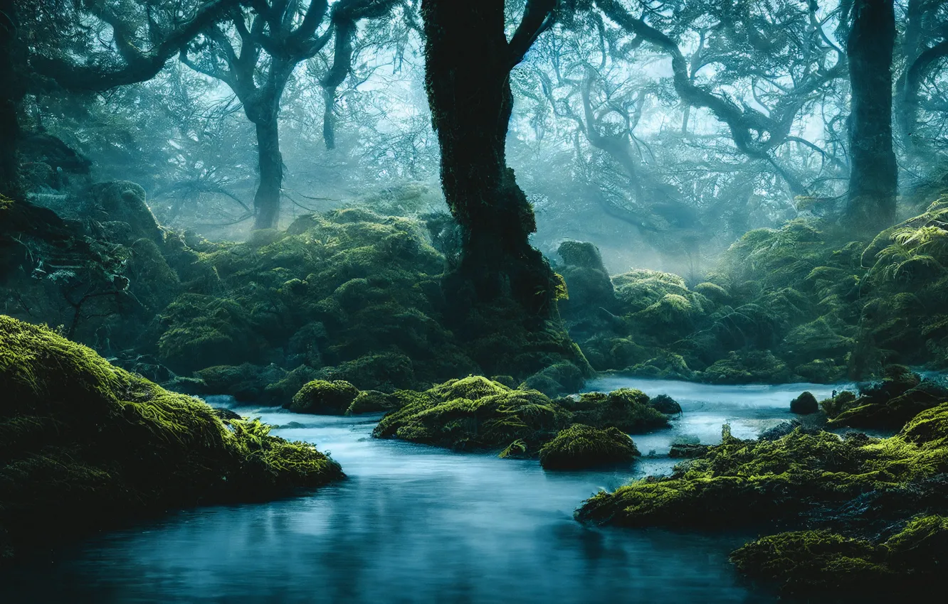 Photo wallpaper forest, trees, landscape, branches, nature, fog, shore, picture