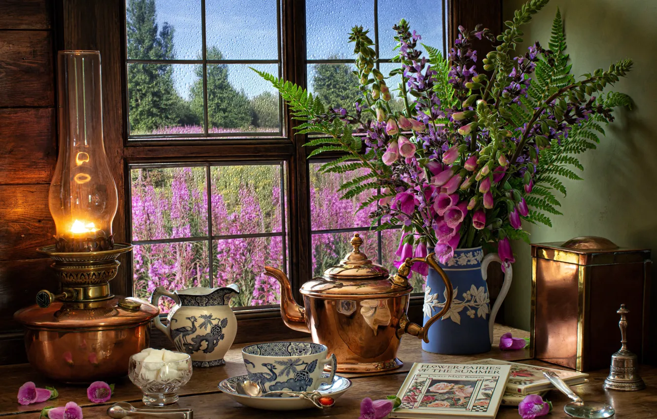 Photo wallpaper flowers, style, books, lamp, bouquet, kettle, window, mug