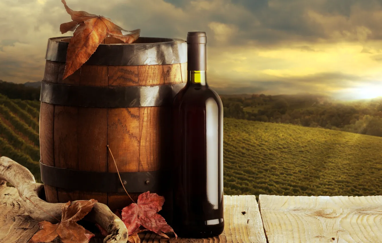Photo wallpaper autumn, leaves, background, wine, red, bottle, barrel, the vineyards