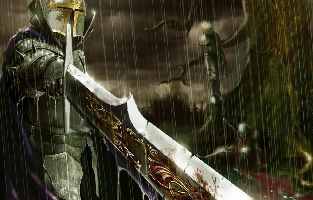 Photo wallpaper rain, tree, blood, sword, warrior, corpses