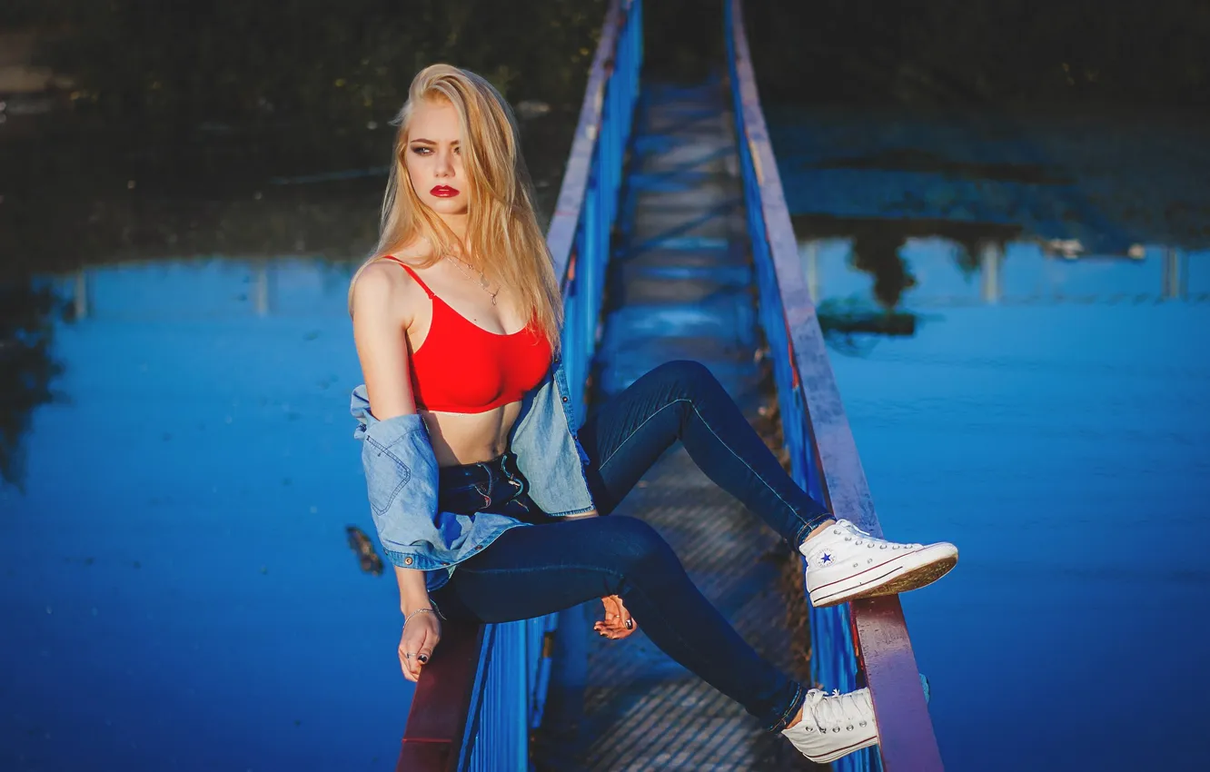 Photo wallpaper women, Denim, blonde, belly, sitting, necklace, shirt, portrait