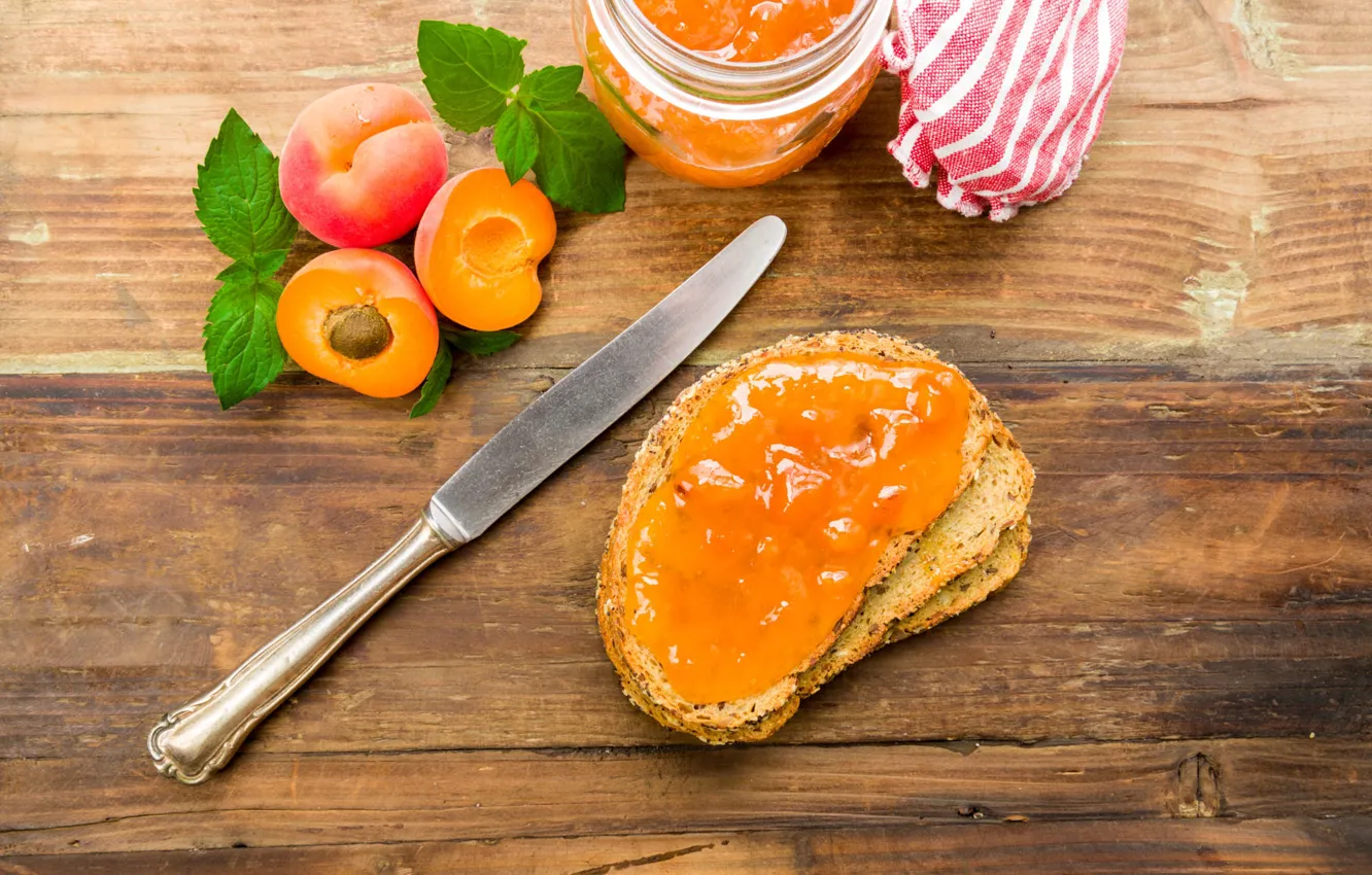 Photo wallpaper Board, bread, knife, Bank, mint, jam, jam, apricots