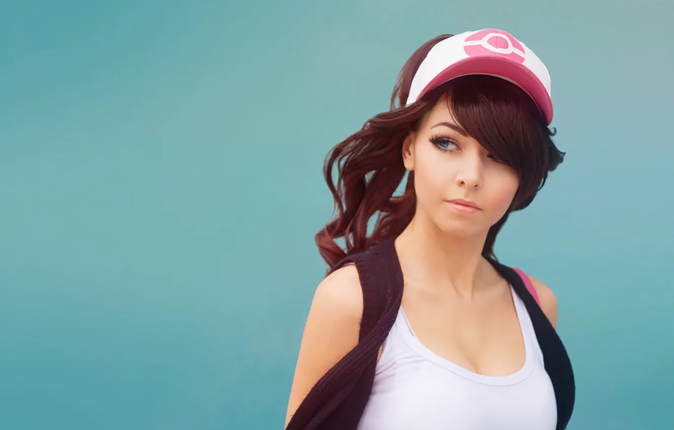 Photo wallpaper look, girl, face, hair, cap, blue eyes, pokemon
