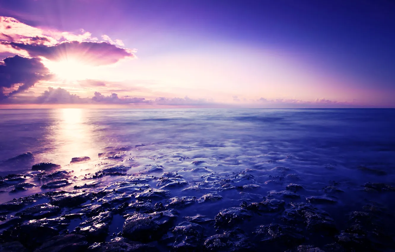 Photo wallpaper sea, the sky, clouds, sunset, stones