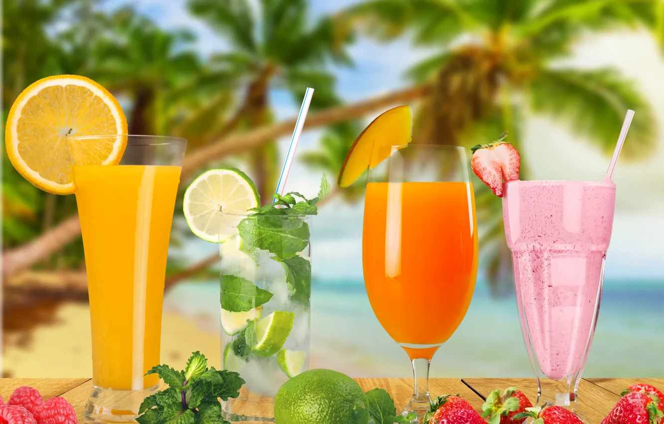 Photo wallpaper sea, beach, palm trees, cocktail, summer, beach, sea, paradise