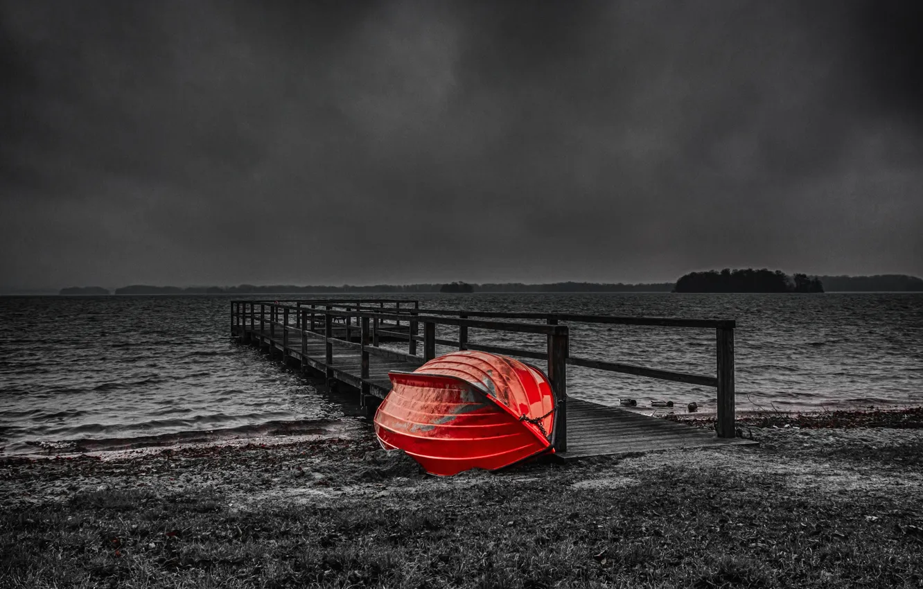 Photo wallpaper clouds, lake, paint, boat, the evening, pier