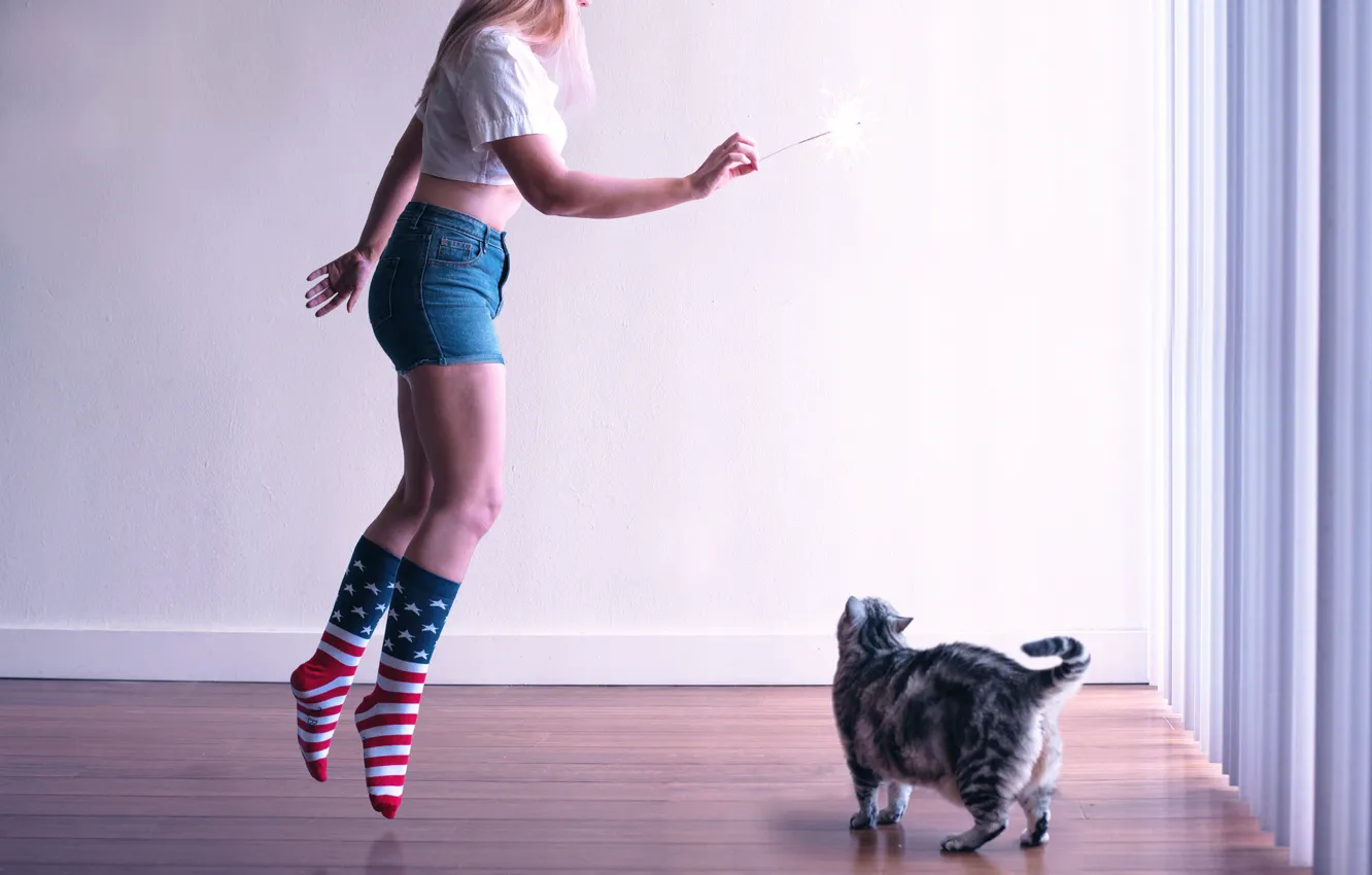 Photo wallpaper cat, girl, shorts, Sparkler, thick, levitation, socks, fat