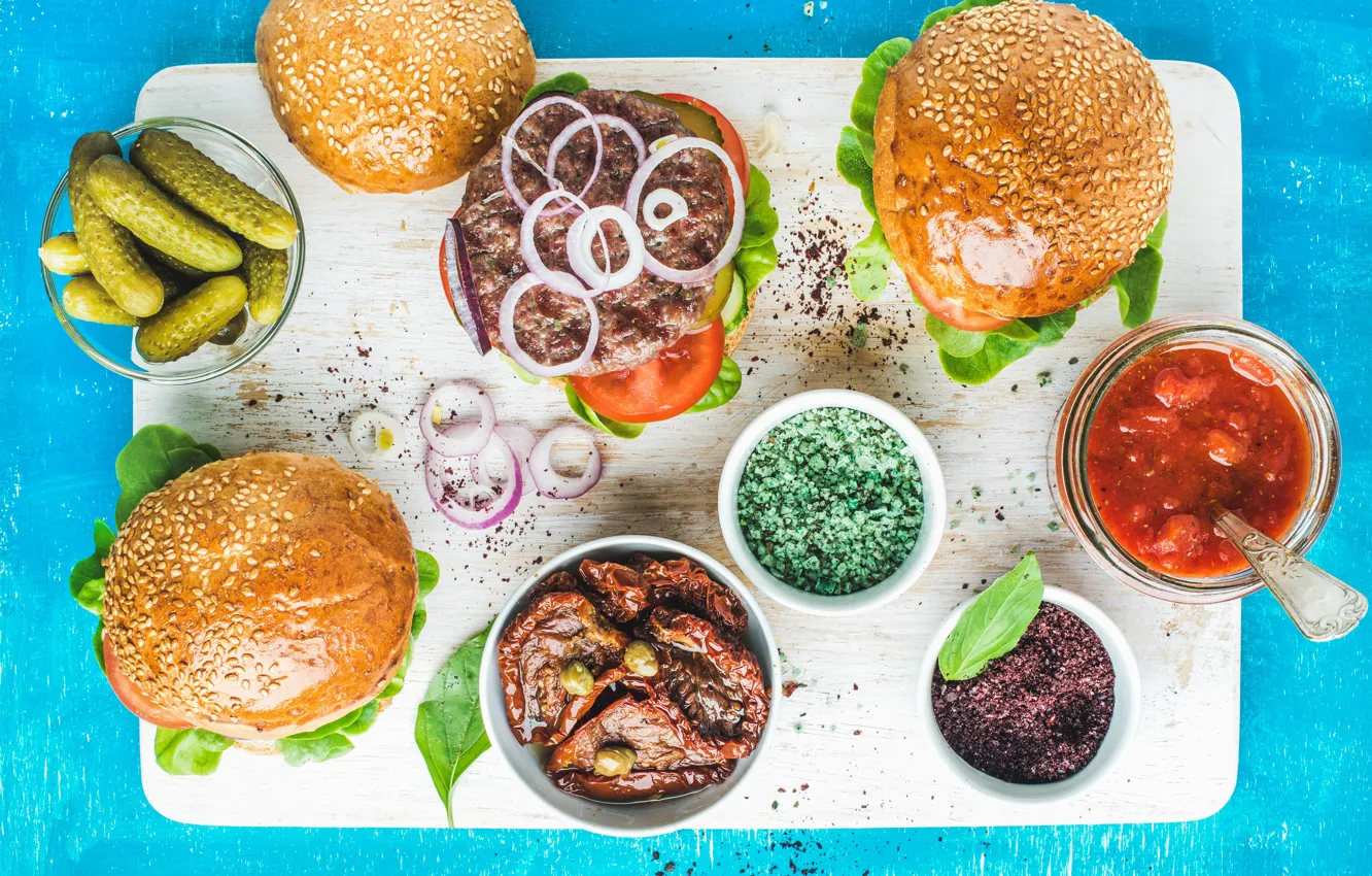 Photo wallpaper food, sauce, buns, burgers, sandwiches
