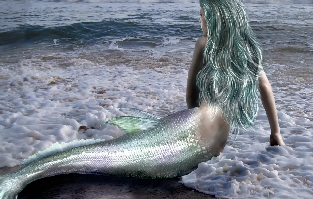 Photo wallpaper sea, wave, girl, fiction, hair, back, mermaid, hands