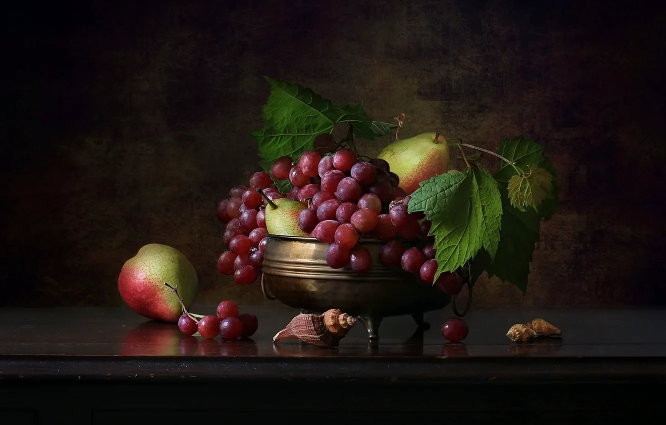 Photo wallpaper style, grapes, shell, fruit, still life, pear