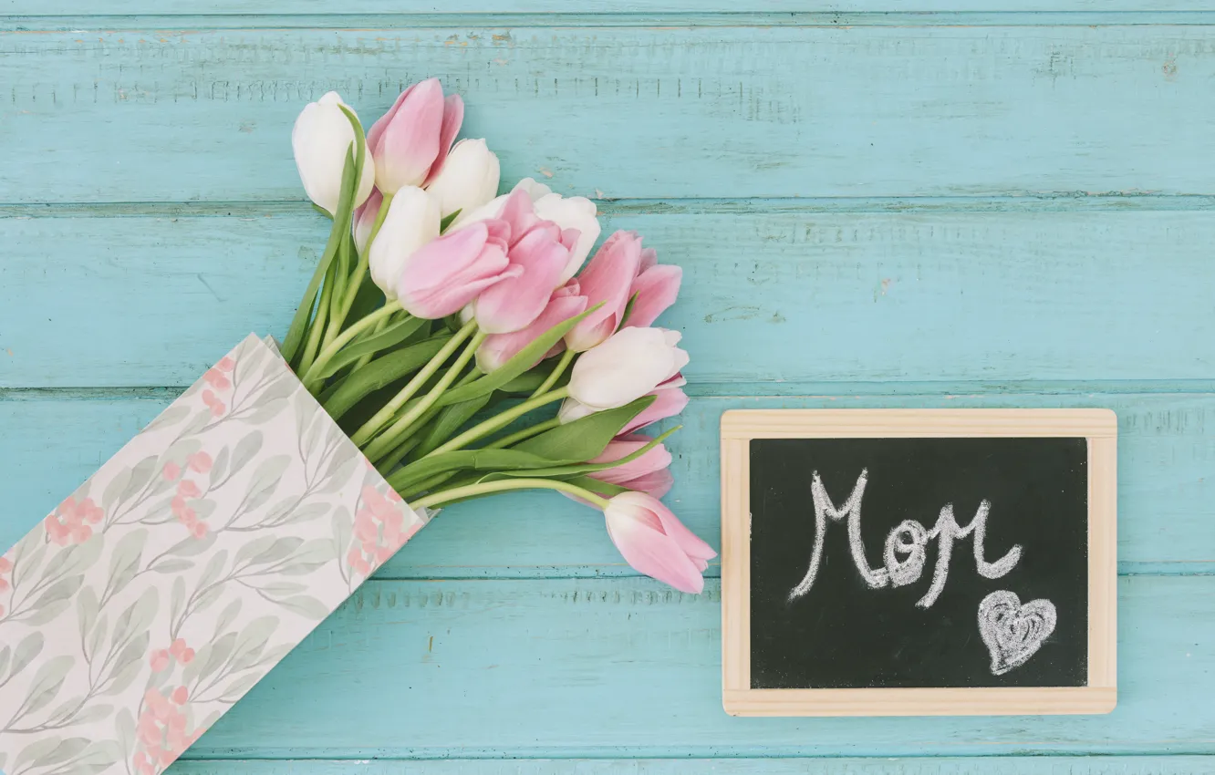 Photo wallpaper flowers, background, blue, bouquet, tulips, pink, white