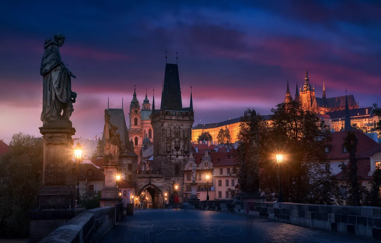 Photo wallpaper bridge, the city, lights, the evening, Prague, Czech Republic