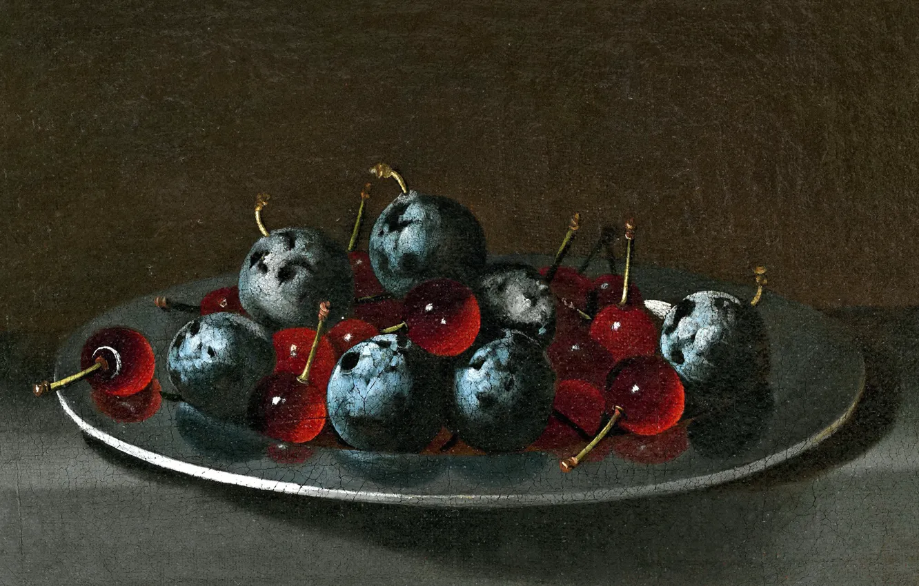 Photo wallpaper picture, still life, Juan van der Amen and Leon, Dish with Plums and Cherries
