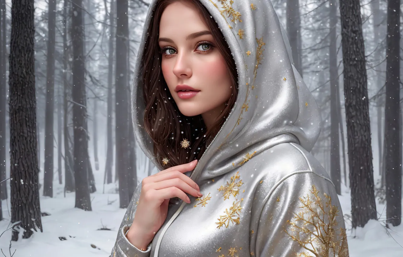 Wallpaper winter, look, girl, snow, portrait, cloak, AI art, neural ...