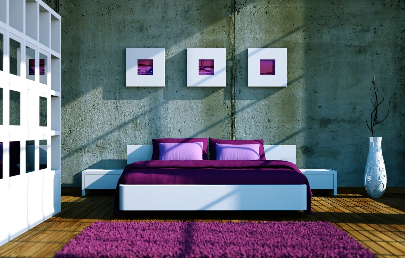 Photo wallpaper pillow, bed, vase, Mat, shelves