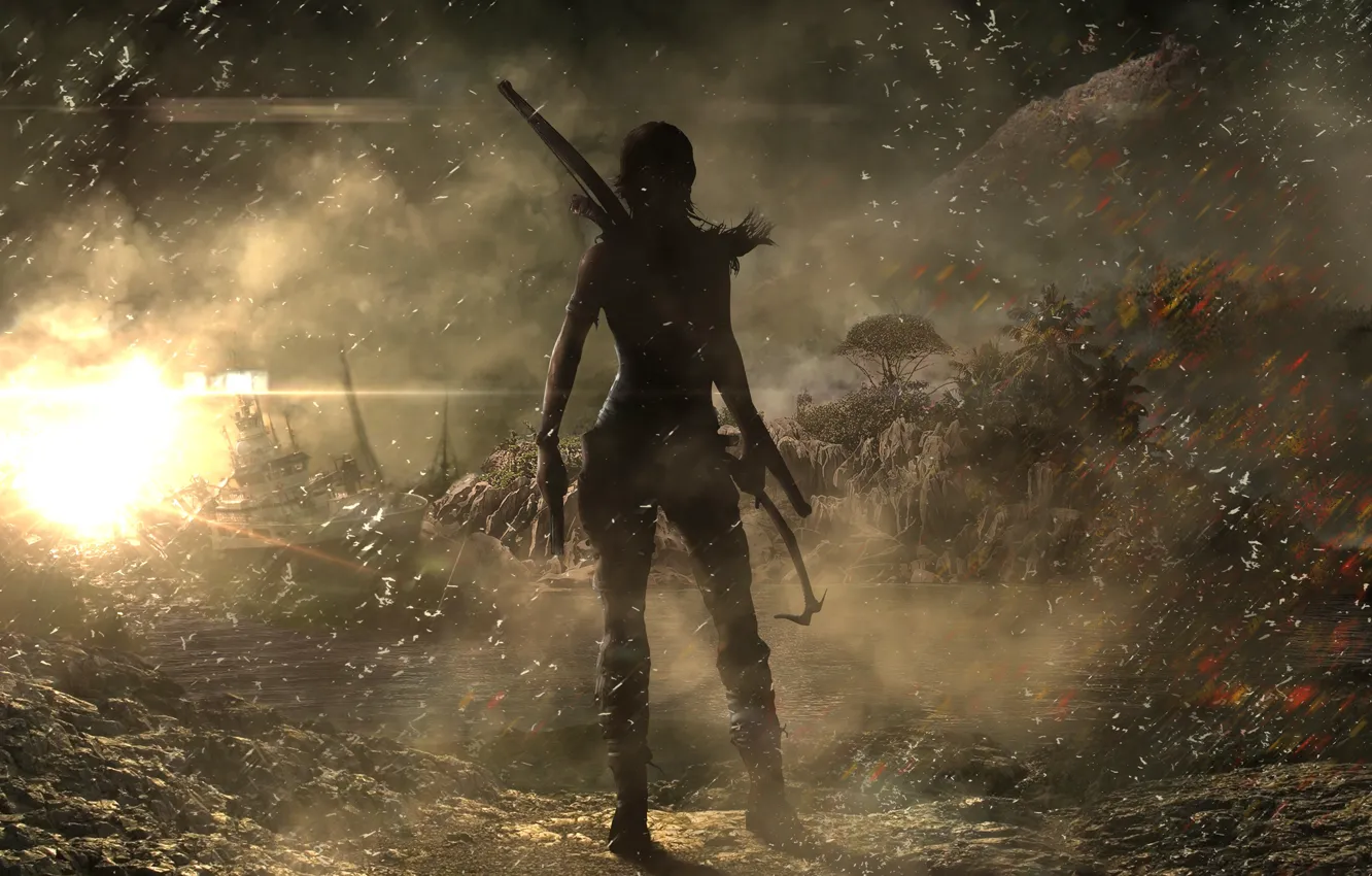 Photo wallpaper Girl, Trees, Fire, Ship, Bow, Tomb Raider, Lara Croft, Crystal Dynamics
