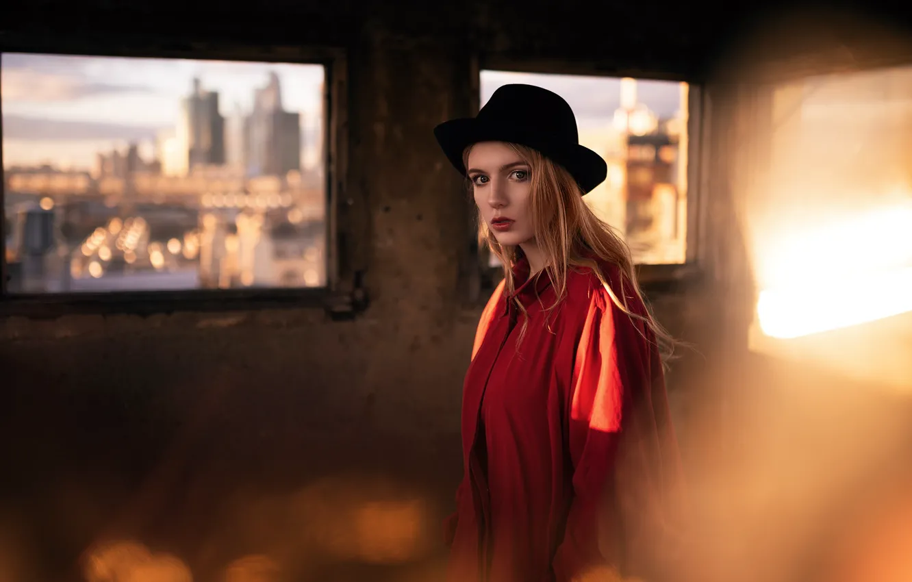 Photo wallpaper city, girl, long hair, hat, photo, model, bokeh, window