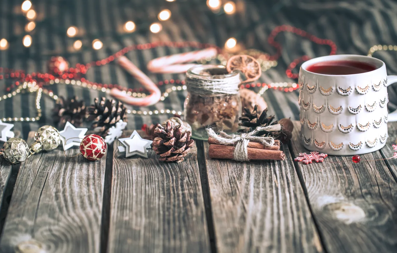 Photo wallpaper decoration, Board, new year, Christmas, mug, the scenery, cinnamon, tinsel
