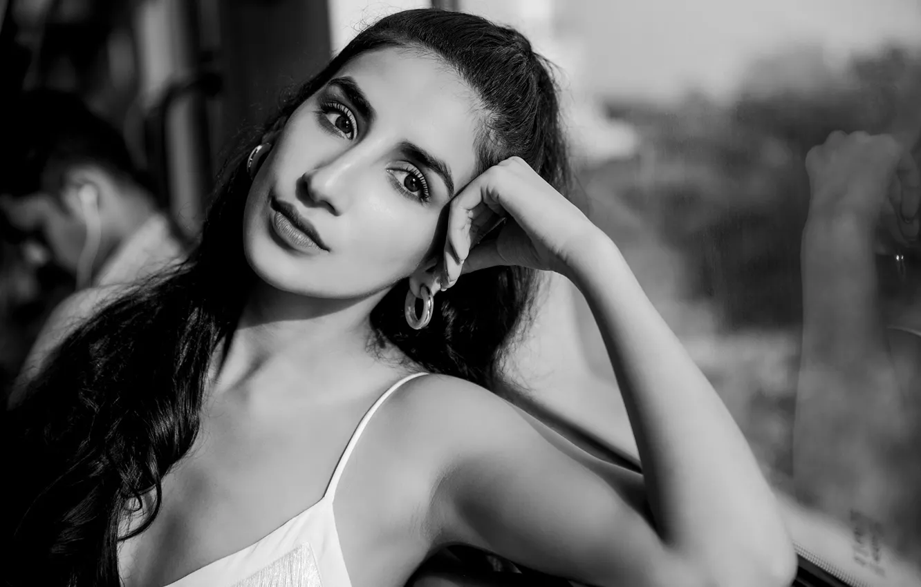 Photo wallpaper black & white, girl, eyes, smile, model, beauty, lips, face