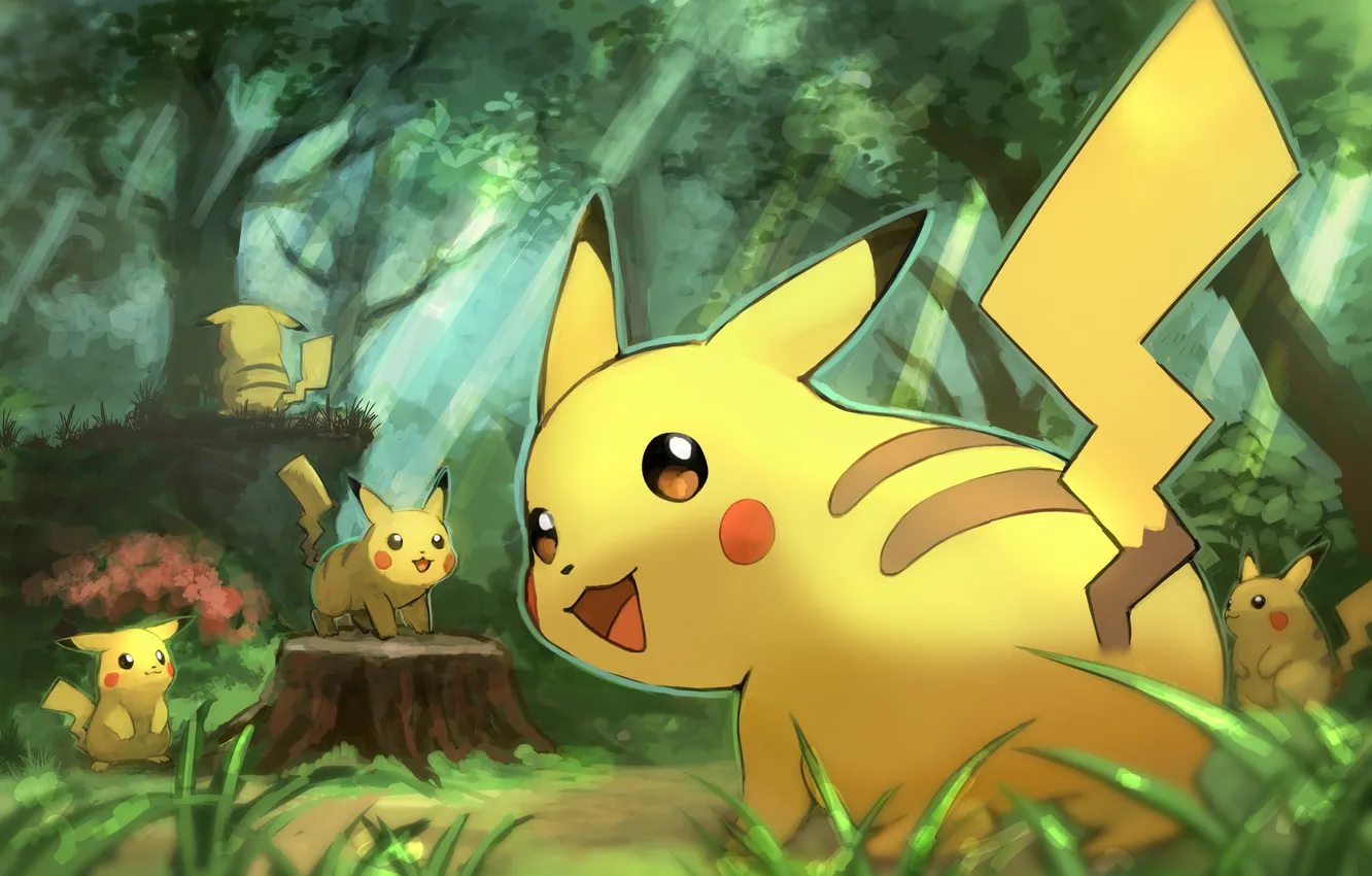 Photo wallpaper forest, art, Pokemon, Пикачу