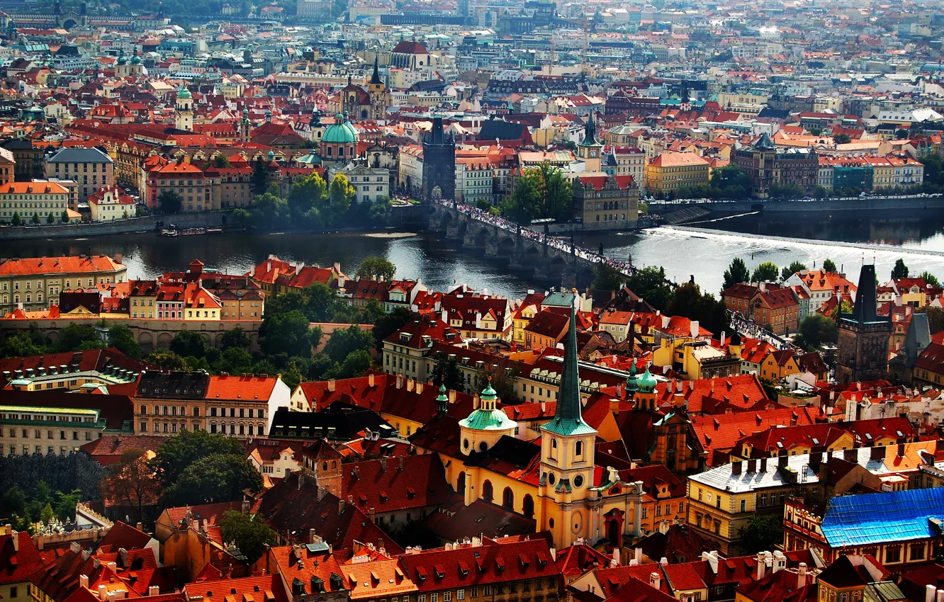 Photo wallpaper river, tower, home, Prague, Czech Republic, panorama, Charles bridge