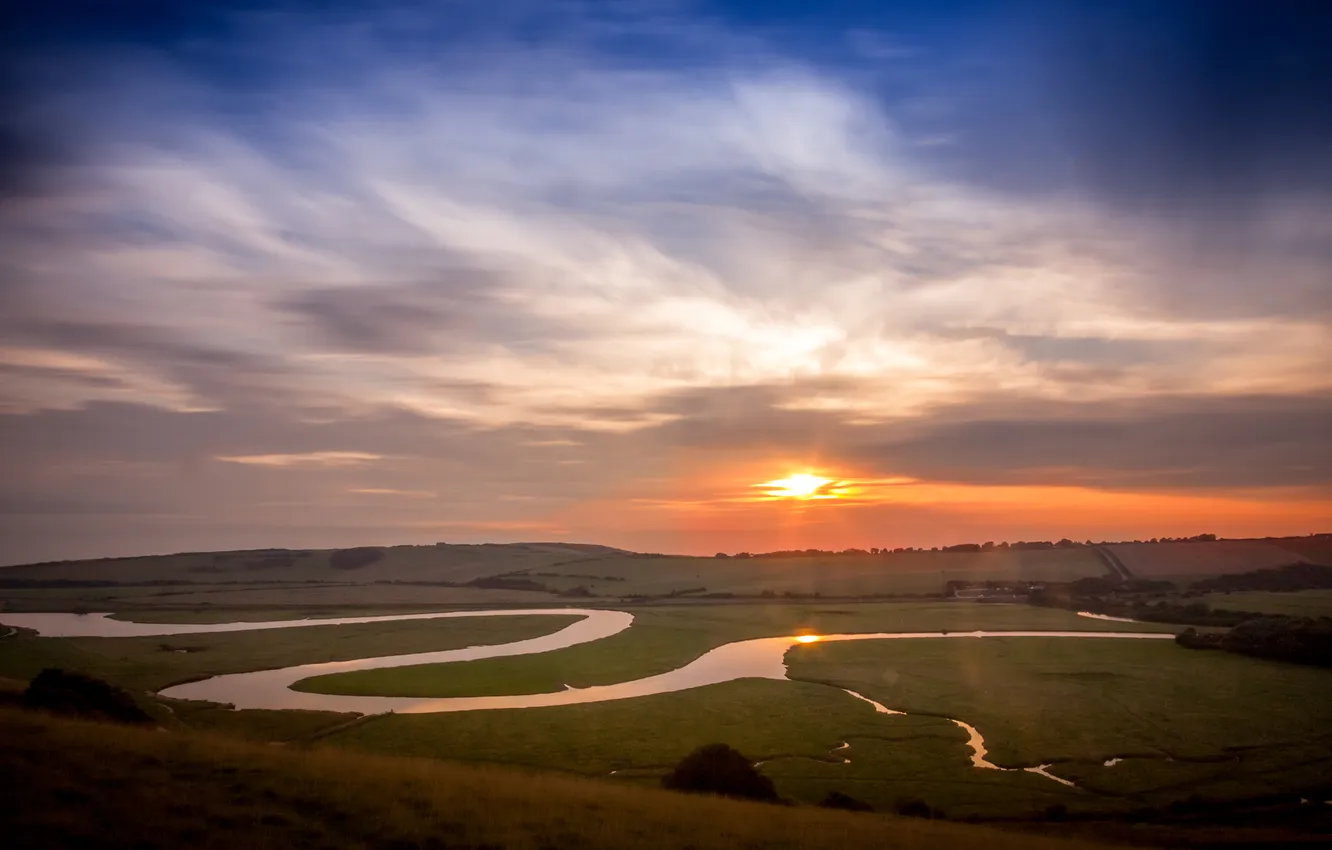 Photo wallpaper the sky, sunset, river, shore