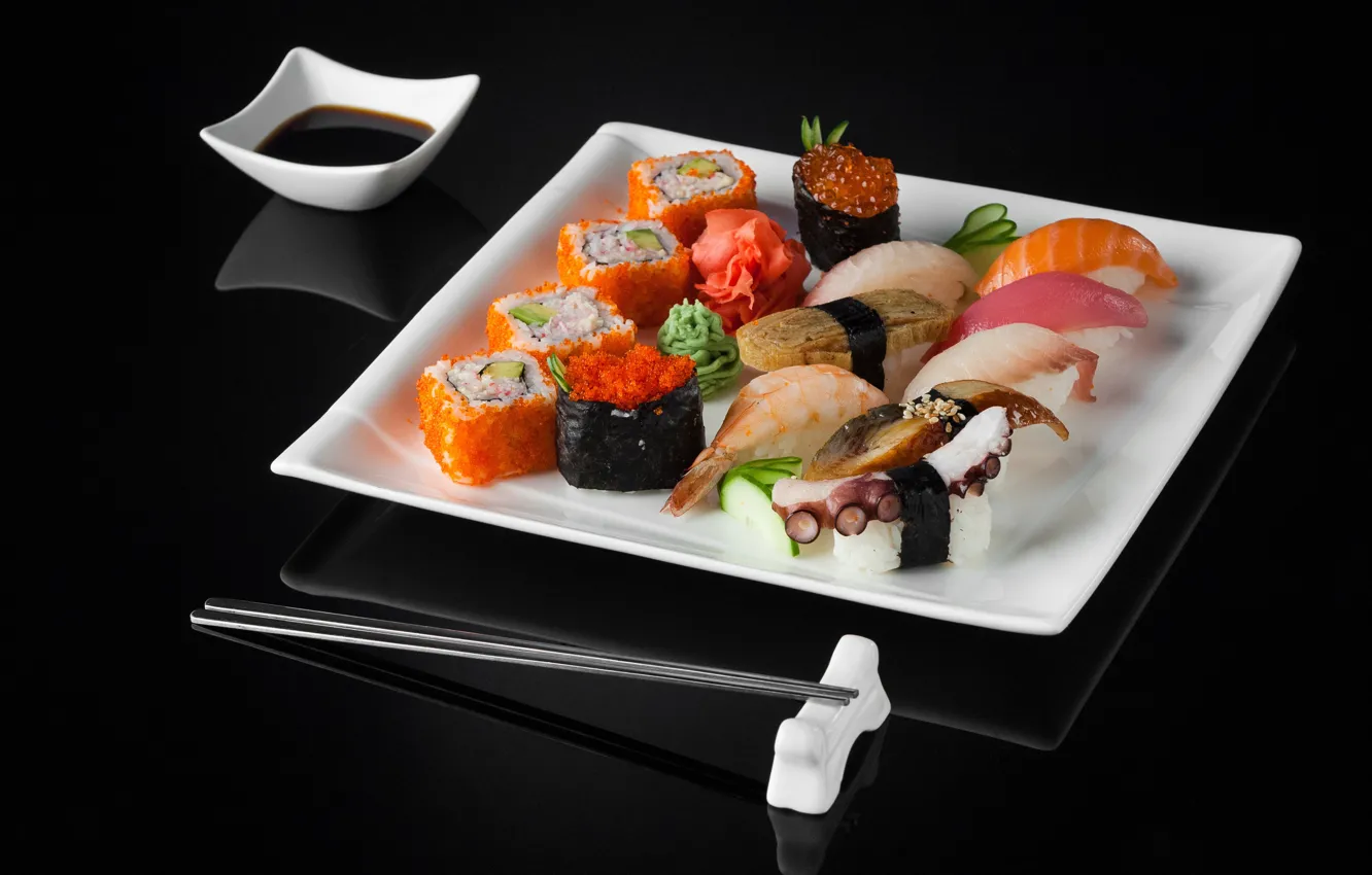 Photo wallpaper figure, sauce, sushi, rolls, seafood, ginger, red caviar