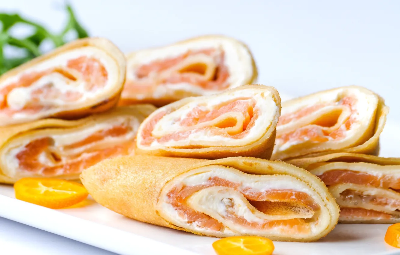 Photo wallpaper pancakes, salmon, rolls