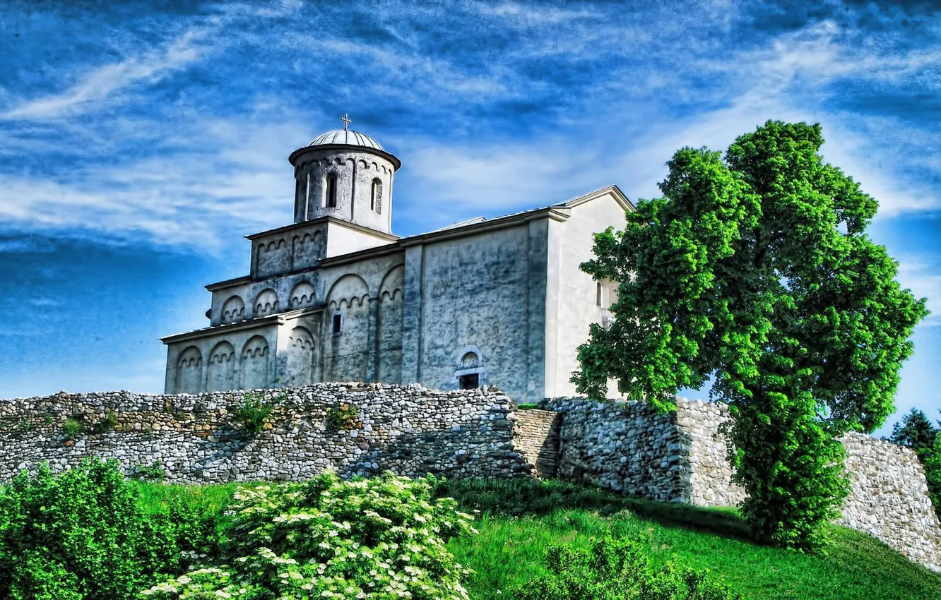 Photo wallpaper trees, widescreen, Church, church, Serbia