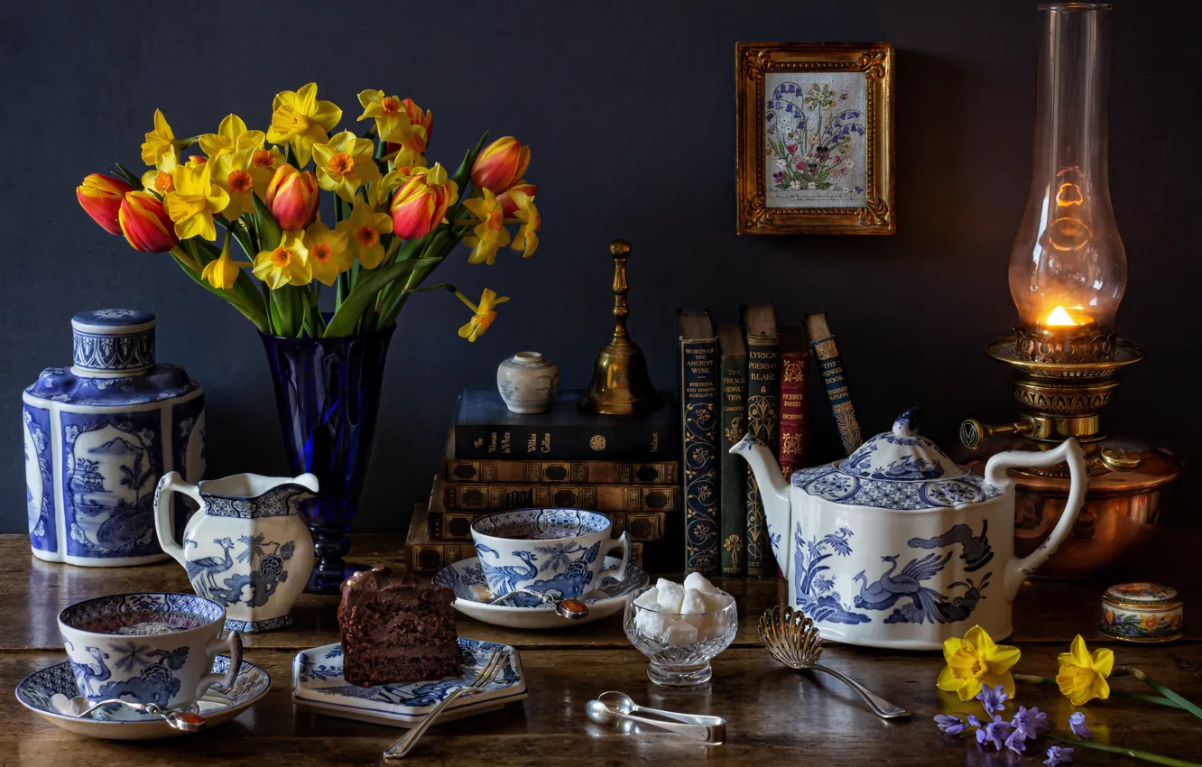 Photo wallpaper flowers, style, tea, books, lamp, bouquet, kettle, Cup